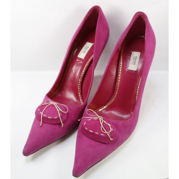 Prada Women’s Fuchsia Suede Kitten Heels Sz 35‎ Italy Tie Point Closed Toe Pumps - Picture 1 of 8
